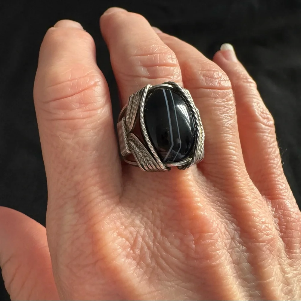 Artisan Wire-Wrapped Sterling Ring - Black Agate